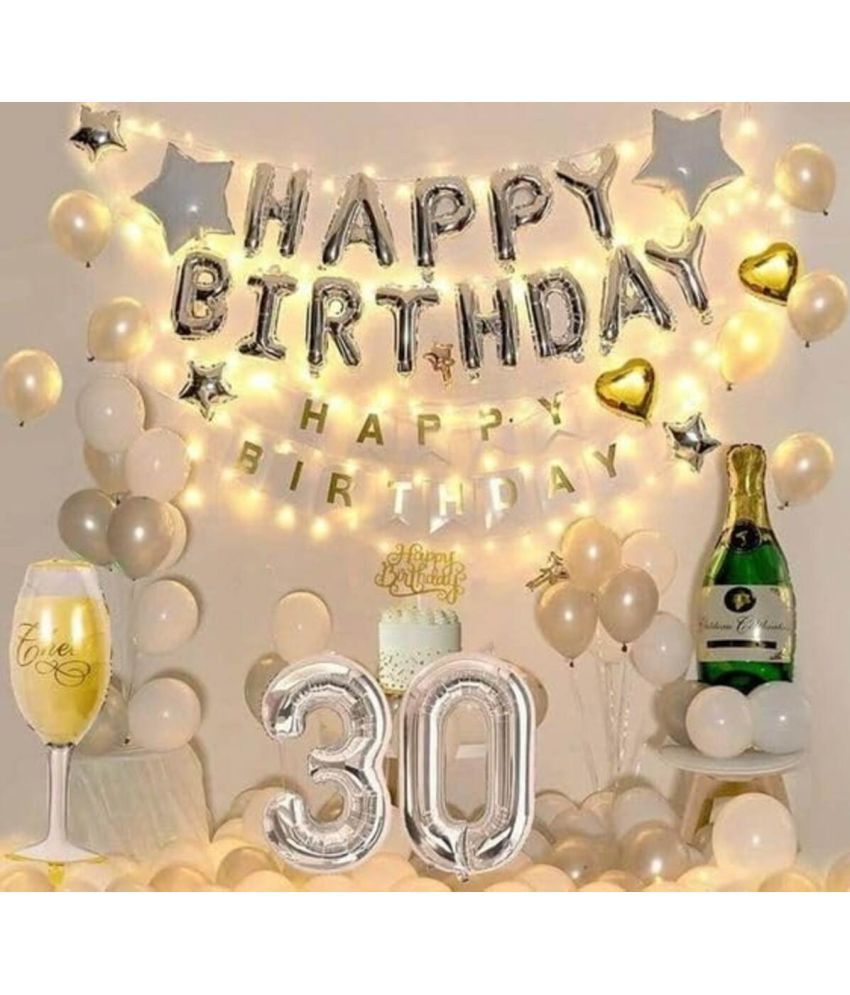     			Happy BIrthday Silver Decoration, 30 Silver Number Foil, 1 Cake Topper, 1 Champenge & Glass Foil, 3 Silver Star, 2 Gold Heart Foil, 20 Gold, 20 White Metallic Balloons