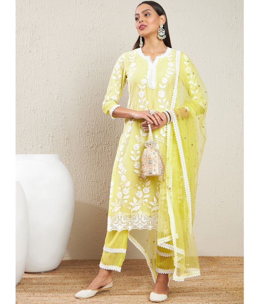     			PURVAIYA CREATION Net Embroidered Kurti With Pants Women's Stitched Salwar Suit - Yellow ( Pack of 1 )