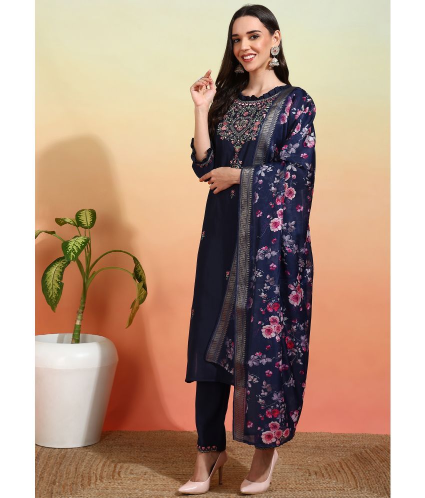     			Royal Export Chanderi Embroidered Kurti With Pants Women's Stitched Salwar Suit - Dark Blue ( Pack of 1 )