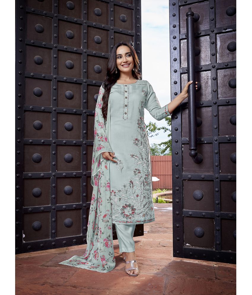     			Royal Export Chanderi Embroidered Kurti With Pants Women's Stitched Salwar Suit - Light Blue ( Pack of 1 )