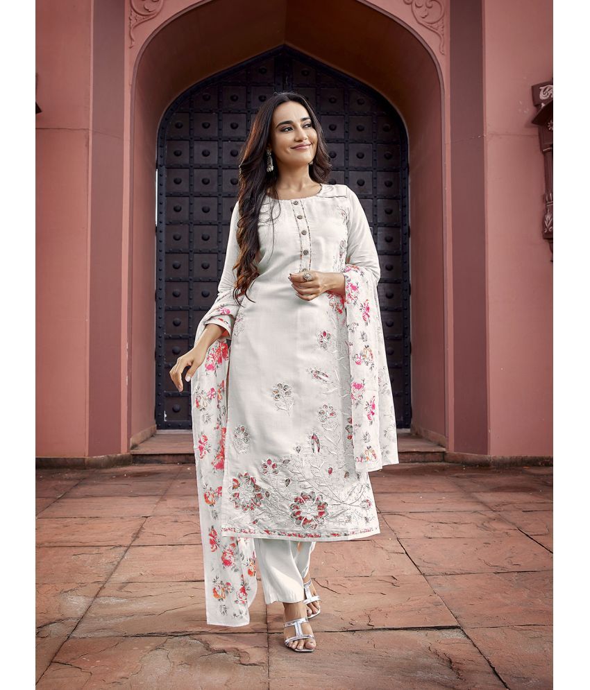     			Royal Export Chanderi Embroidered Kurti With Pants Women's Stitched Salwar Suit - White ( Pack of 1 )