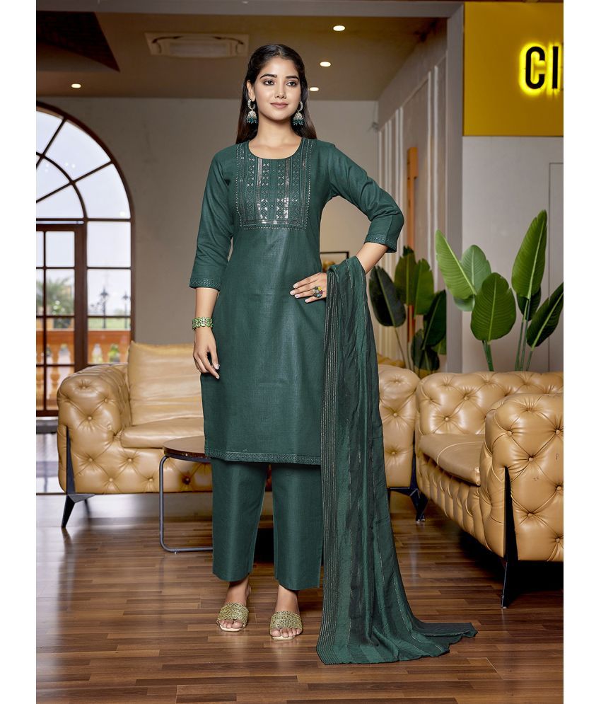     			Royal Export Cotton Blend Embellished Kurti With Pants Women's Stitched Salwar Suit - Dark Green ( Pack of 1 )