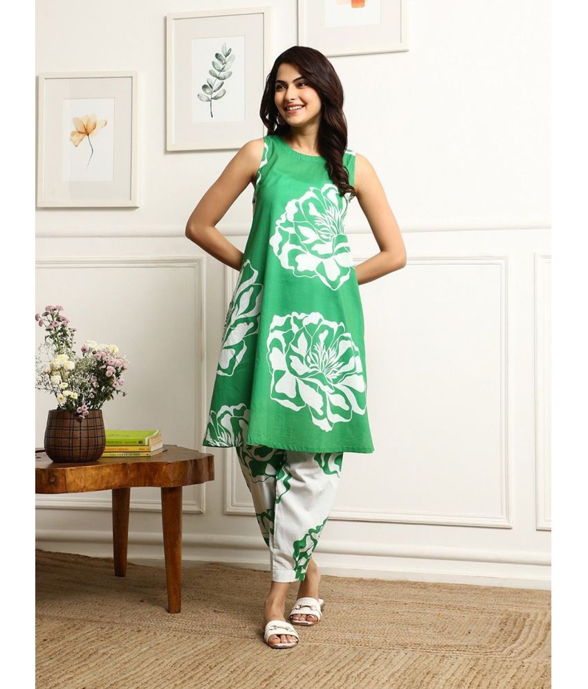     			Royal Export Cotton Blend Printed Kurti With Pants Women's Stitched Salwar Suit - Green ( Pack of 1 )