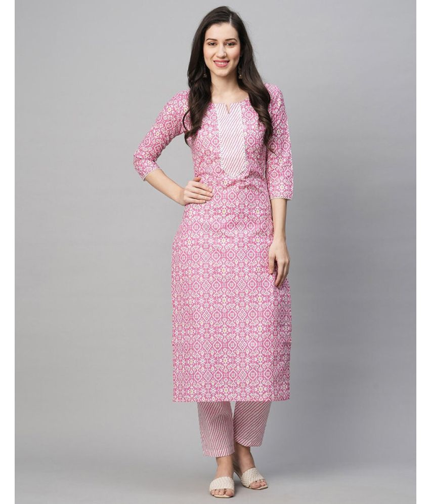     			Royal Export Cotton Blend Printed Kurti With Pants Women's Stitched Salwar Suit - Pink ( Pack of 1 )