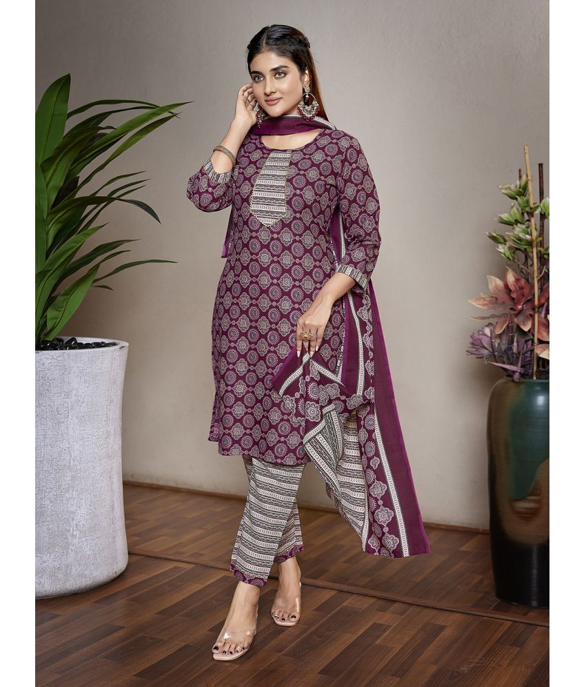     			Royal Export Cotton Blend Printed Kurti With Pants Women's Stitched Salwar Suit - Purple ( Pack of 1 )