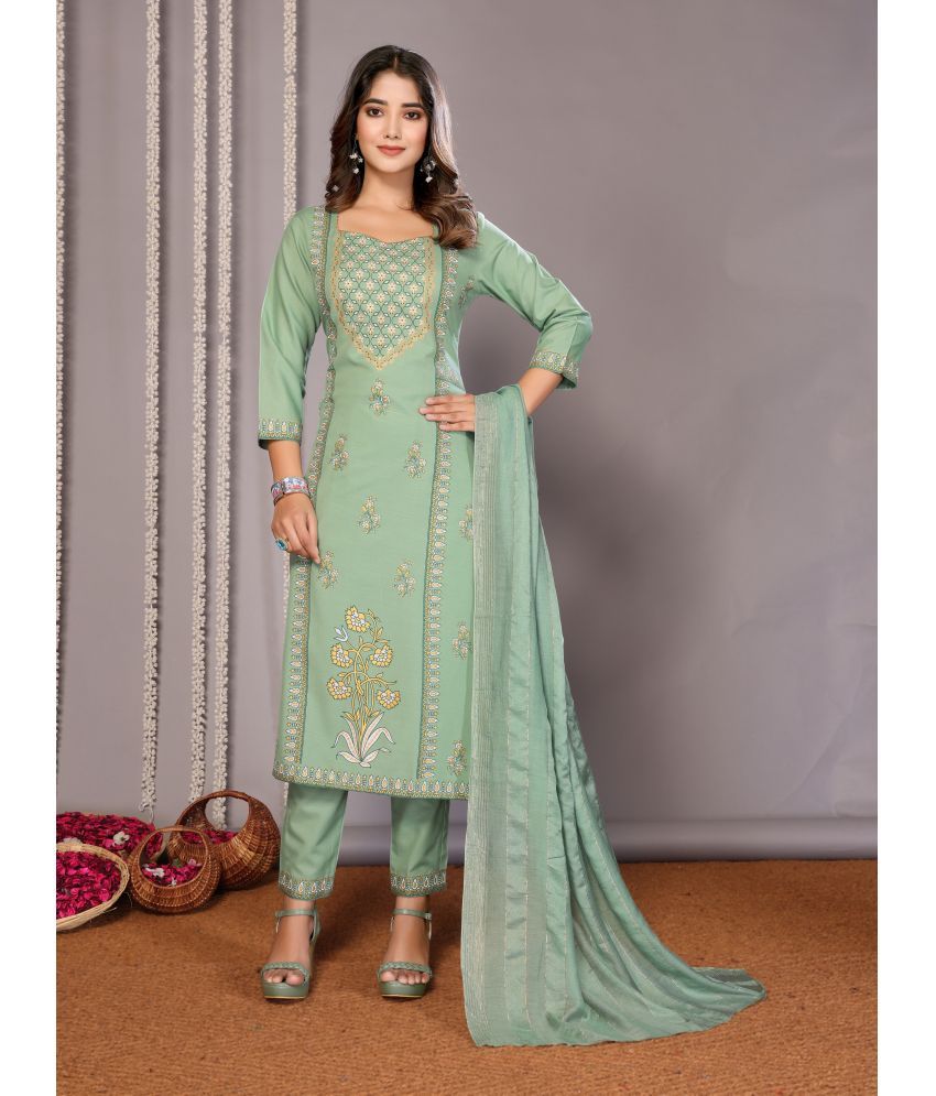     			Royal Export Cotton Blend Printed Kurti With Pants Women's Stitched Salwar Suit - Green ( Pack of 1 )