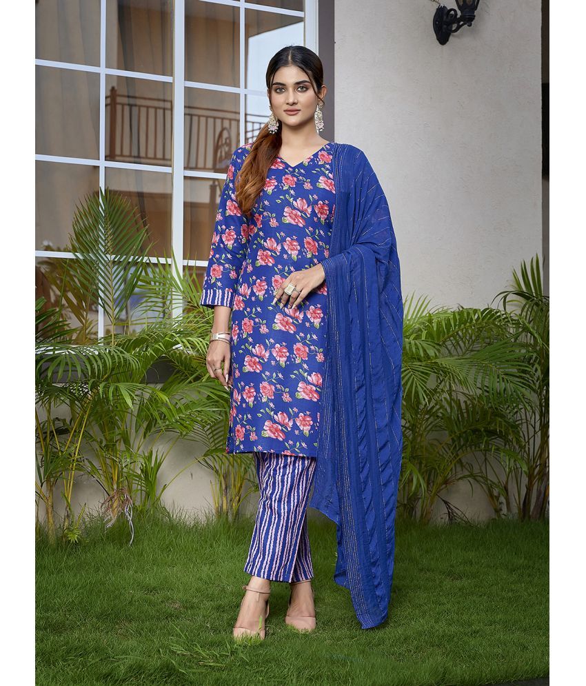     			Royal Export Cotton Blend Printed Kurti With Pants Women's Stitched Salwar Suit - Blue ( Pack of 1 )