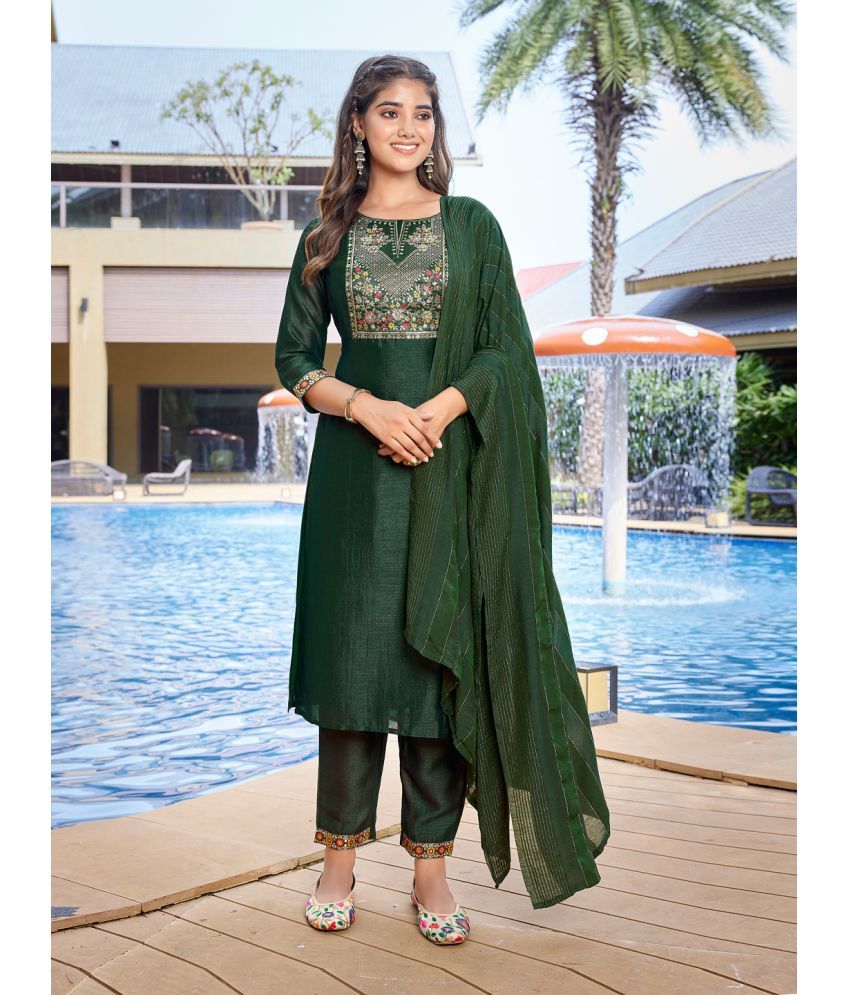     			Royal Export Silk Blend Embroidered Kurti With Pants Women's Stitched Salwar Suit - Dark Green ( Pack of 1 )