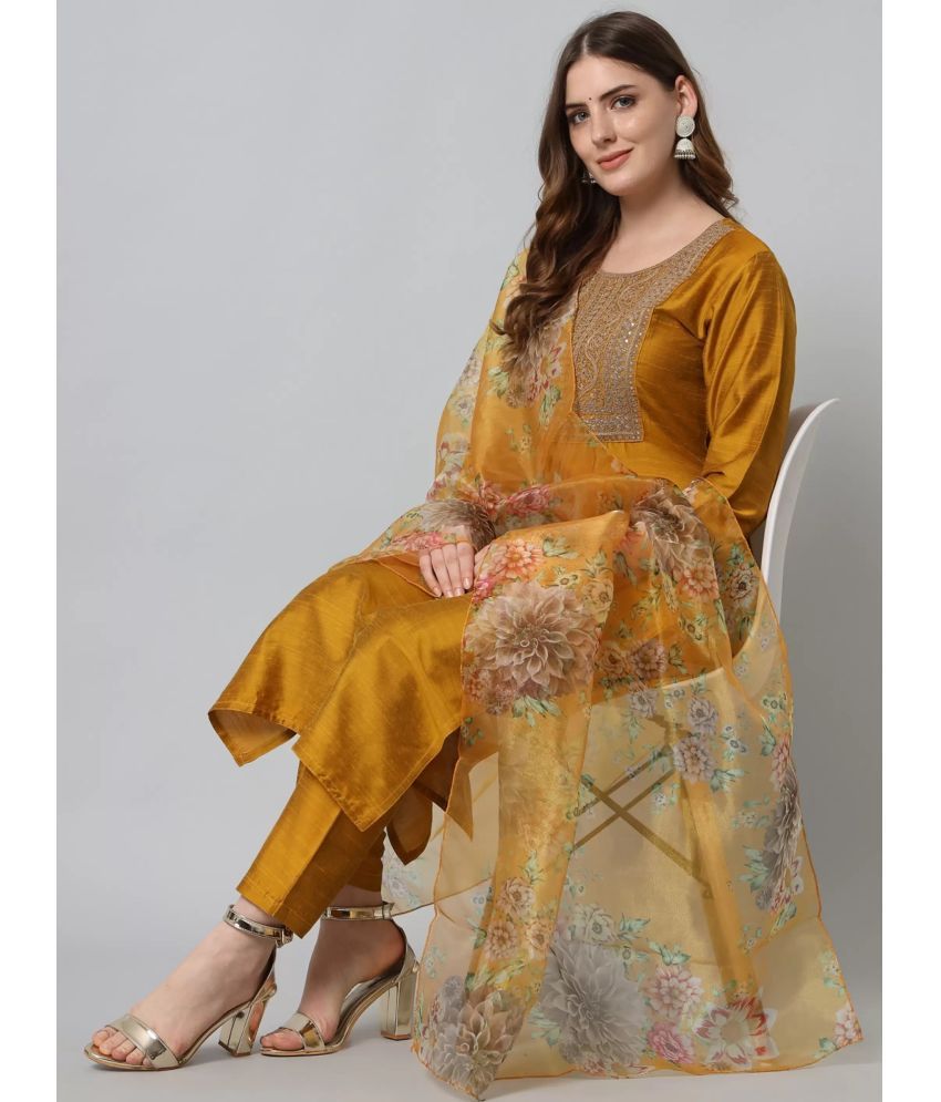     			Royal Export Silk Embroidered Kurti With Pants Women's Stitched Salwar Suit - Yellow ( Pack of 1 )