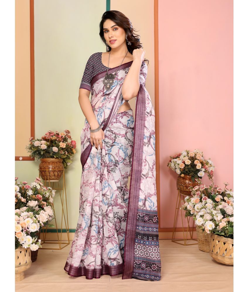     			Sidhidata Pack of 1 Linen Printed Saree With Blouse Piece ( Purple )