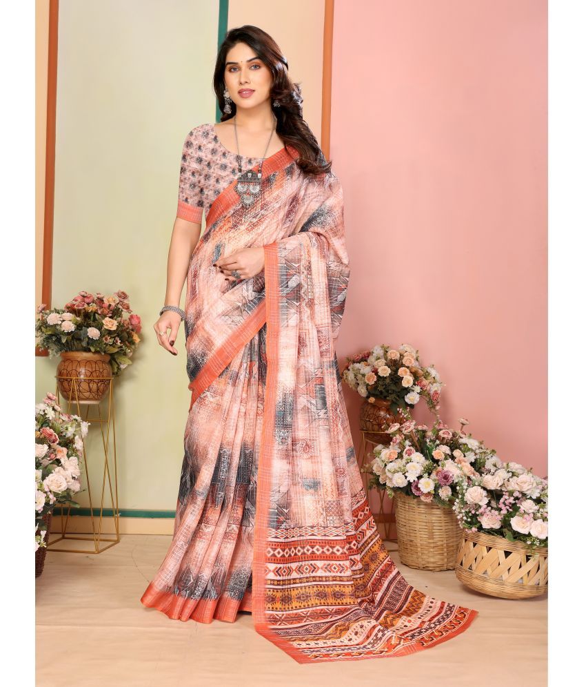     			Sidhidata Pack of 1 Linen Printed Saree With Blouse Piece ( Orange )