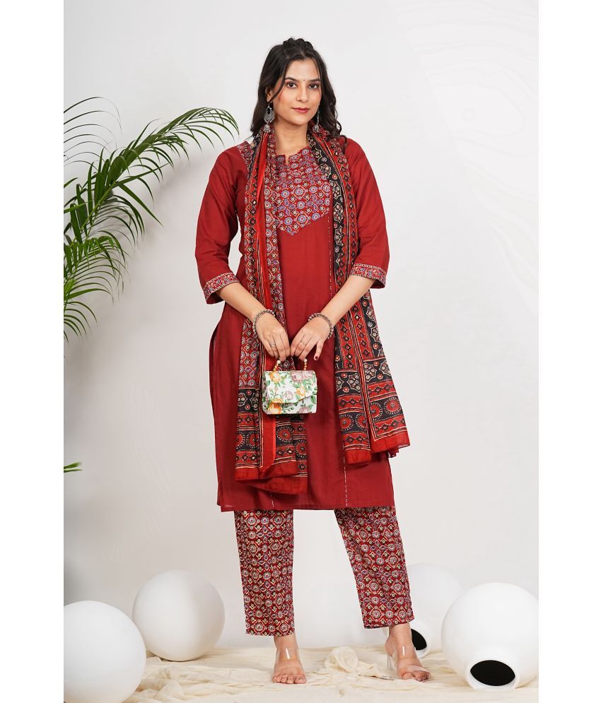     			Vbuyz Cotton Printed Kurti With Pants Women's Stitched Salwar Suit - Maroon ( Pack of 1 )