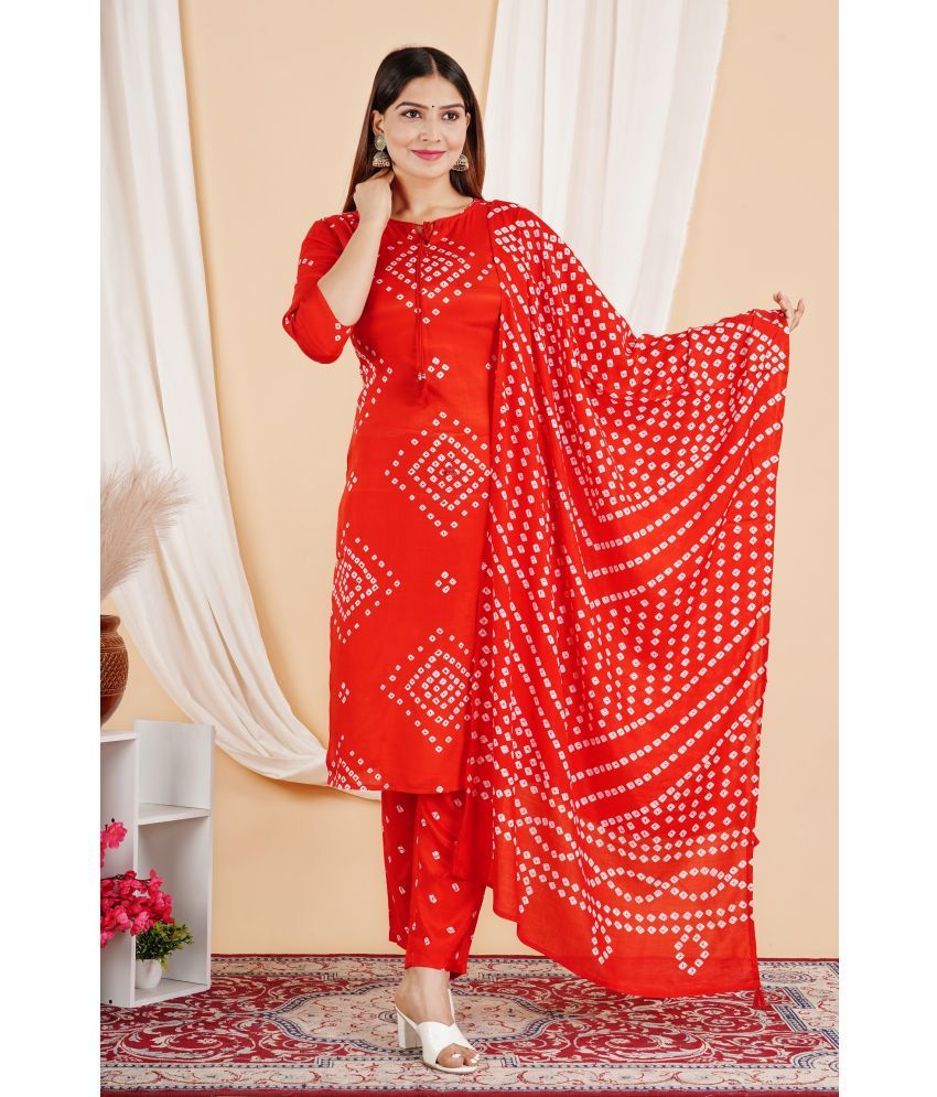     			AMIRA'S INDIAN ETHNICWEAR Viscose Printed Kurti With Pants Women's Stitched Salwar Suit - Red ( Pack of 1 )