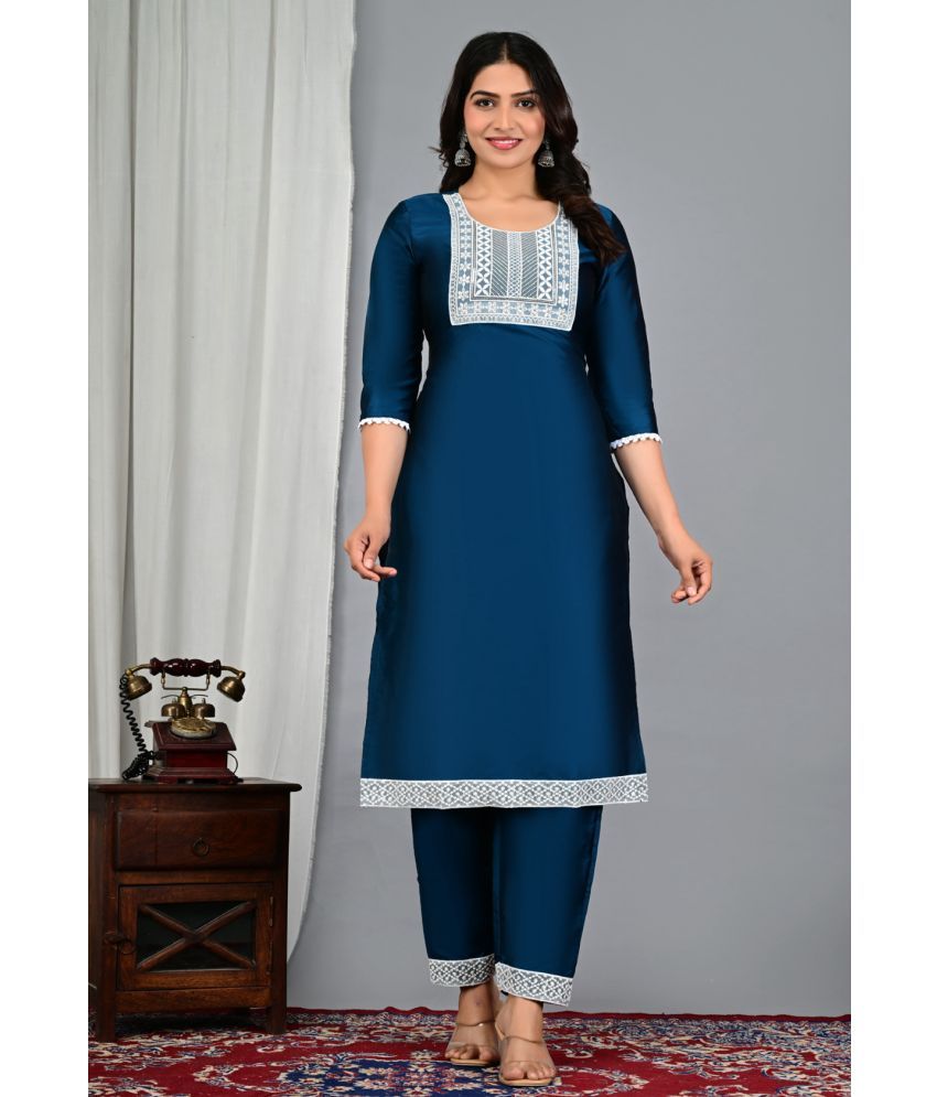     			EXPORTHOUSE Silk Blend Embroidered Kurti With Pants Women's Stitched Salwar Suit - Blue ( Pack of 1 )