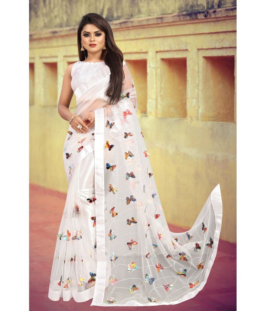     			Gazal Fashions Pack of 1 Net Embroidered Saree With Blouse Piece ( White )