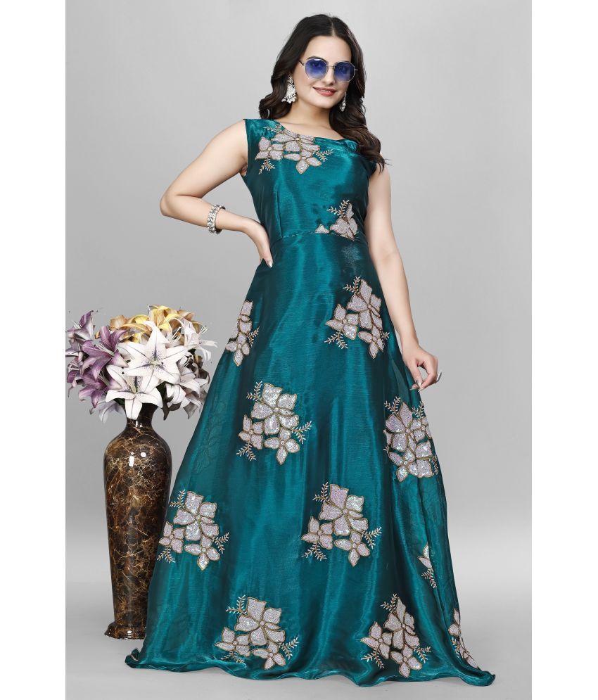     			JULEE Teal Flared Organza Women's Semi Stitched Ethnic Gown ( Pack of 1 )