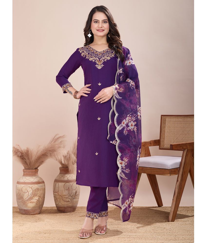     			Parastri Cotton Embroidered Kurti With Pants Women's Stitched Salwar Suit - Purple ( Pack of 1 )