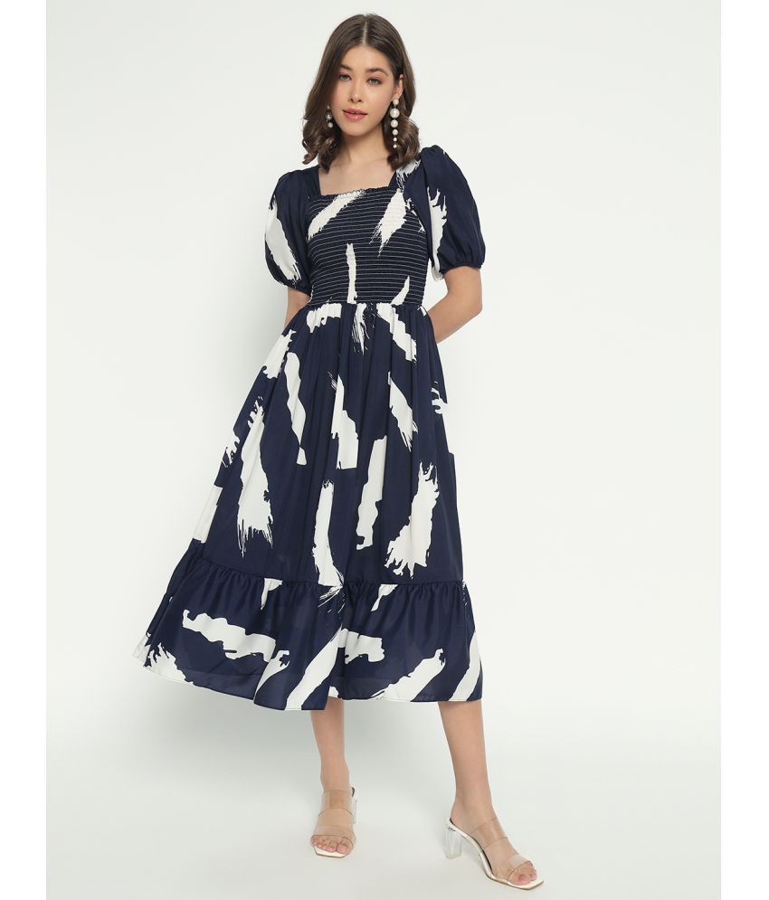     			RAIYANI FASHION Polyester Printed Calf-Length Women's Fit & Flare Dress - Navy Blue ( Pack of 1 )