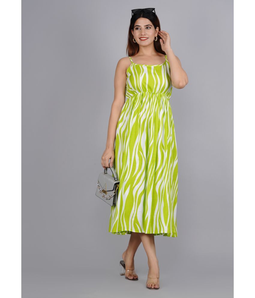     			Bhawanaprint Viscose Rayon Striped Calf-Length Women's Fit & Flare Dress - Green ( Pack of 1 )