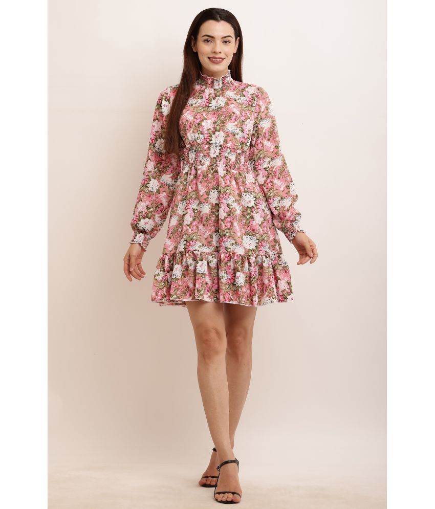     			angad tewatia Crepe Printed Mini Women's Fit & Flare Dress - Pink ( Pack of 1 )