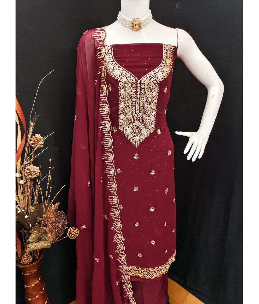     			ALSHOP Unstitched Georgette Embellished Dress Material - Maroon ( Pack of 1 )