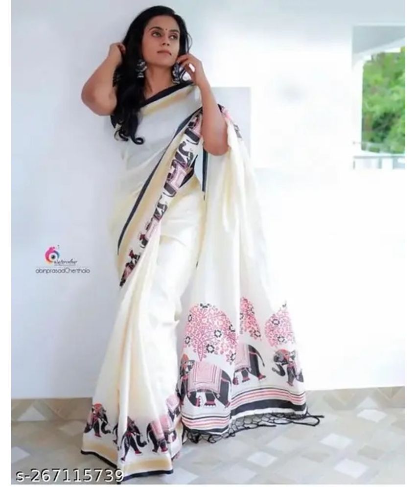     			Grubstaker Art Silk Printed Saree With Blouse Piece ( White , Pack of 1 )