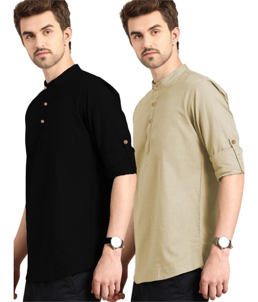     			UNI VIBE Beige Cotton Men's Shirt Style Kurta ( Pack of 2 )