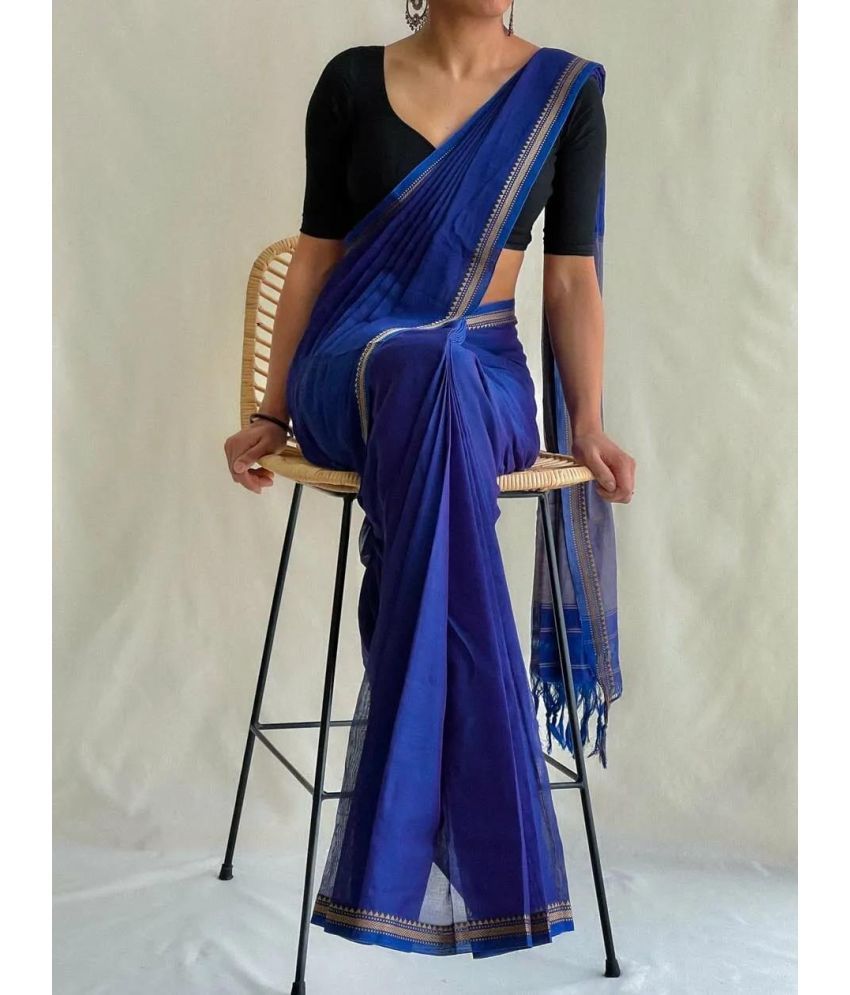     			SARADA HANDLOOM Cotton Solid Saree With Blouse Piece ( Blue , Pack of 1 )