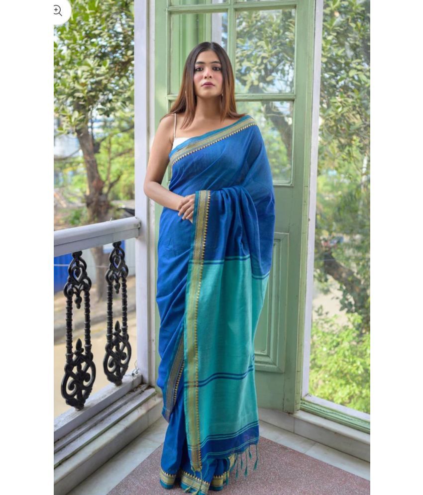     			SARADA HANDLOOM Cotton Solid Saree With Blouse Piece ( Blue , Pack of 1 )