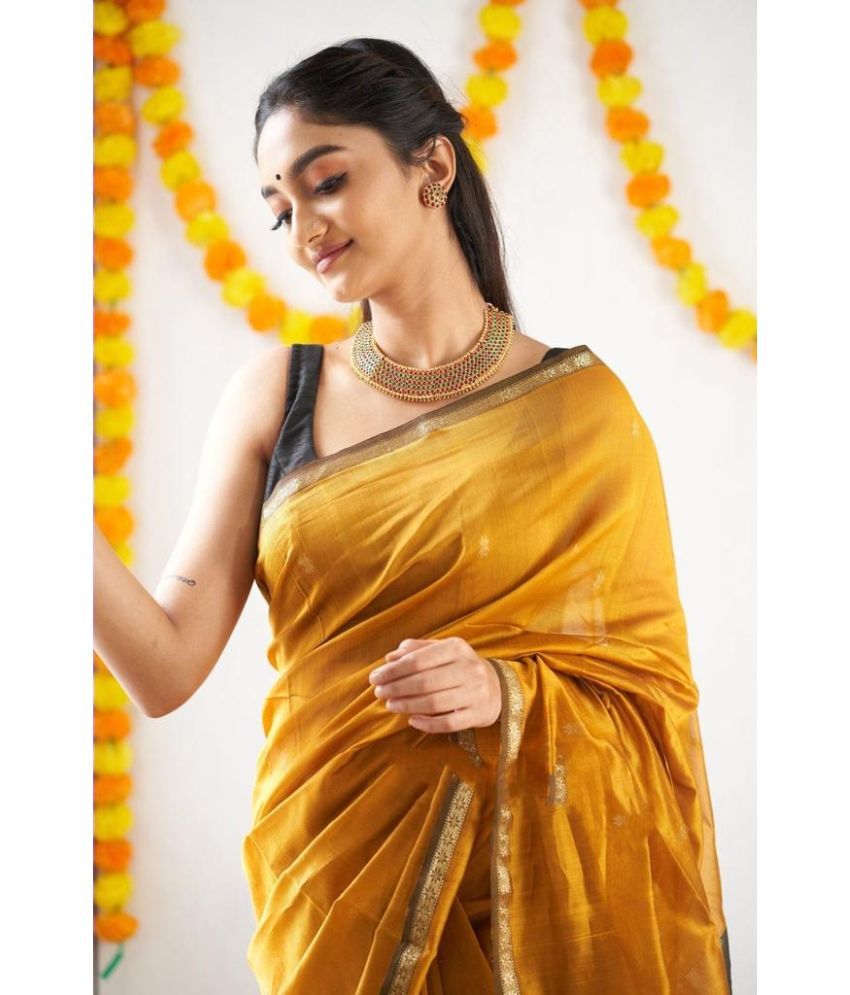     			Vividvibe Kanjivaram Silk Self Design Saree With Blouse Piece ( Yellow , Pack of 1 )