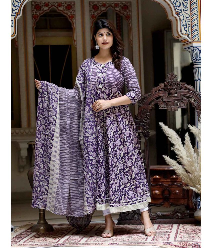     			Angiya Pack of 1 Cotton Printed Anarkali Women's Kurti - ( Purple )