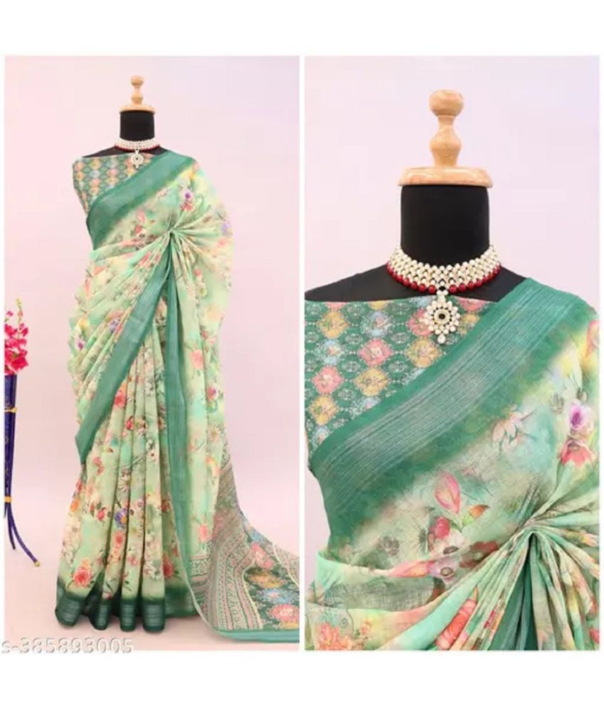     			JILUDI Cotton Printed Saree With Blouse Piece ( Light Green , Pack of 1 )