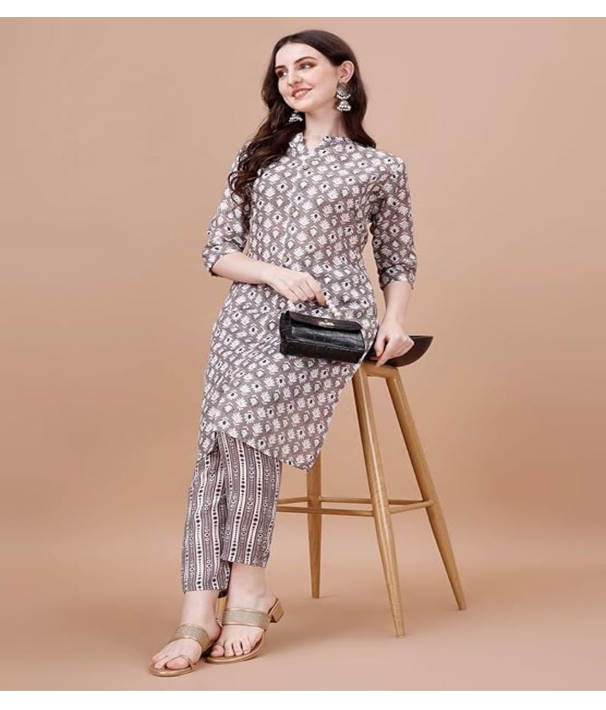     			Obf Pack of 1 Cotton Printed Straight Women's Kurti - ( Grey )