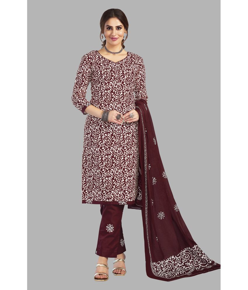     			SIMMU Cotton Printed Kurti With Pants Women's Stitched Salwar Suit - Maroon ( Pack of 1 )