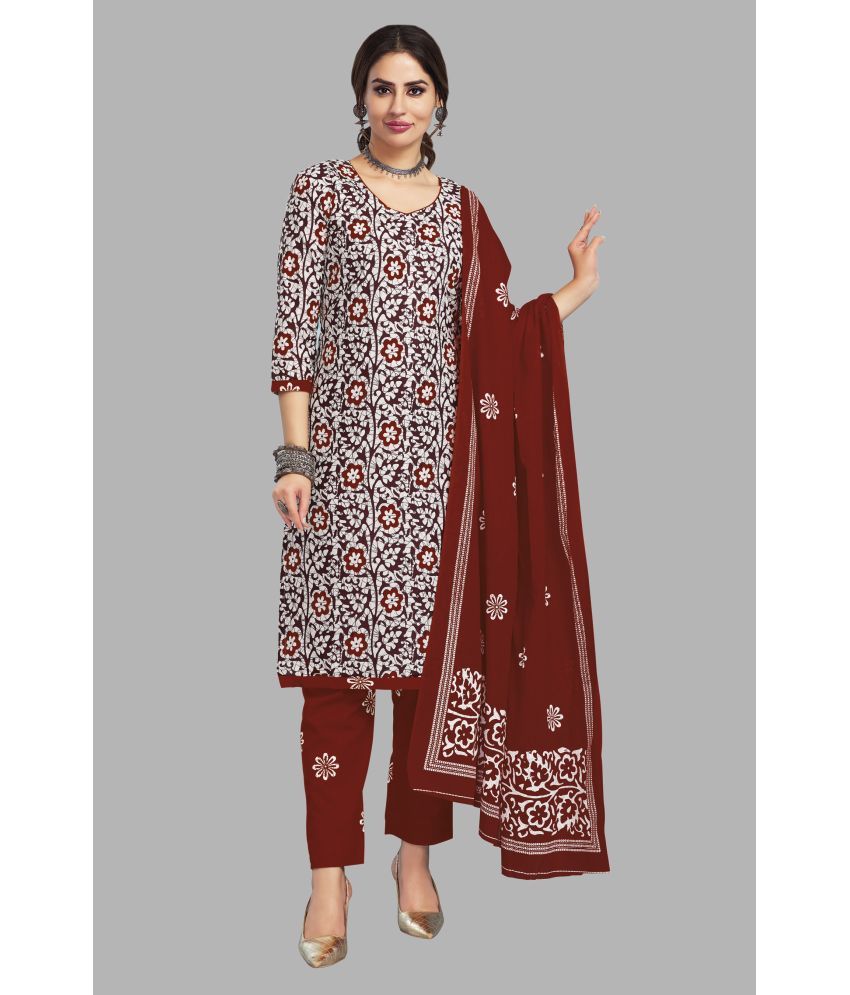     			SIMMU Cotton Printed Kurti With Pants Women's Stitched Salwar Suit - Maroon ( Pack of 1 )