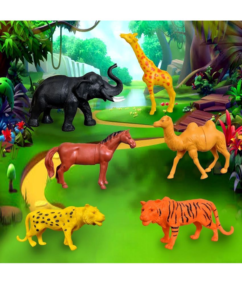     			Set of 6 Big Size Toy Figure Farm and Jungle Cartoon Animal Toys Figure Playing Set for Kids Current Animals Elephant Tiger Giraffe Horse Leopard Camel Tree and Barricade Toys for Kids