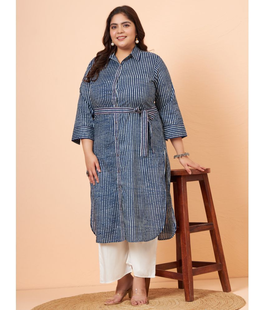     			Tissu Cotton Striped Kurti With Palazzo Women's Stitched Salwar Suit - Navy ( Pack of 1 )