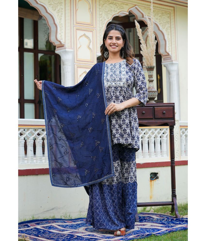     			Yash Gallery Rayon Embroidered Kurti With Sharara And Gharara Women's Stitched Salwar Suit - Blue ( Pack of 1 )