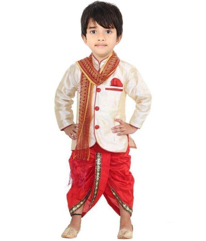     			hrr Boys Silk Ethnic - Pattern Dhoti Kurta Set ( Beige , Pack of 1 )