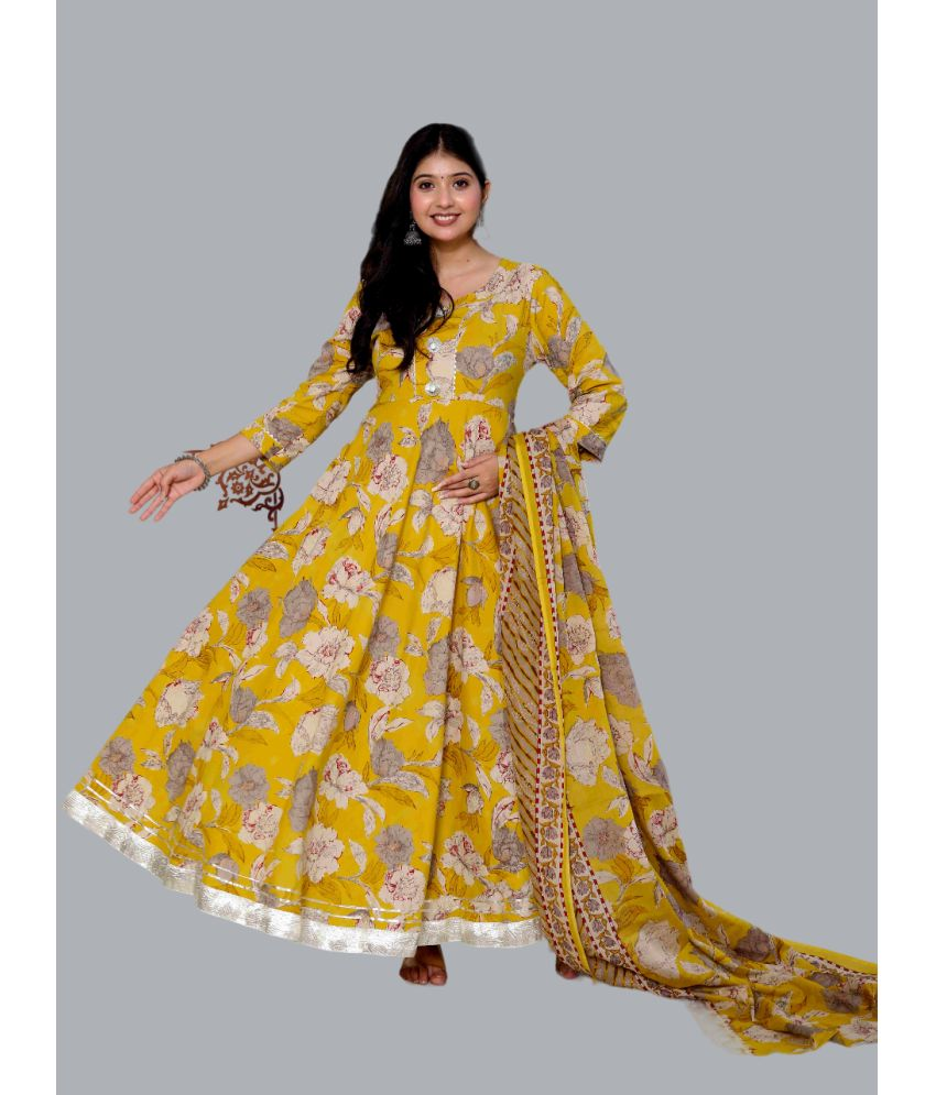     			Angiya Pack of 1 Cotton Printed Anarkali Women's Kurti - ( Yellow )