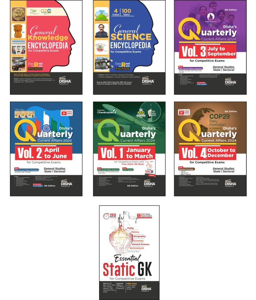     			Color Combo (set of 7 Books) General Knowledge & Science Encyclopaedia with Yearly Current Affairs 2024 Quarterly Vol 1 to 4 & Free Static GK for Comp