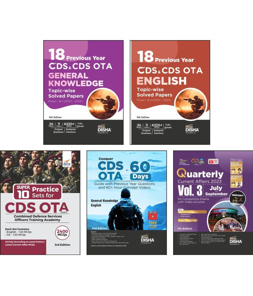     			Combo (set of 5 Books) CDS OTA Study Package - English & General Knowledge Guide with 18 Topic-wise Previous Year Solved Papers (2007 - 2024) Phase I & II & Free Quarterly Magazine Issue 3rd Edition | Combined Defence Services PYQs