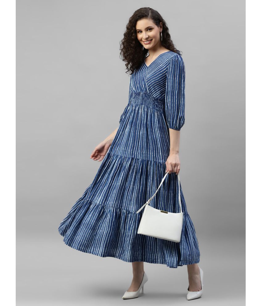     			Femvy Polyester Striped Midi Women's Fit & Flare Dress - Light Blue ( Pack of 1 )