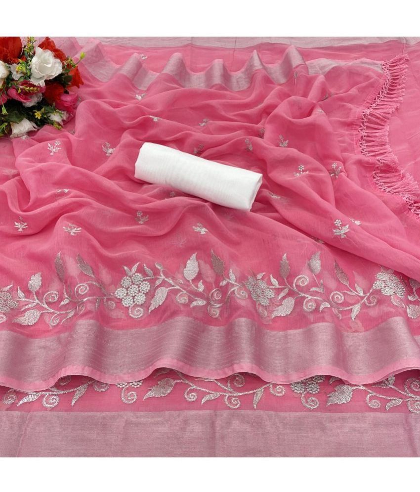     			Gullak Chanderi Embroidered Saree With Blouse Piece ( Pink , Pack of 1 )