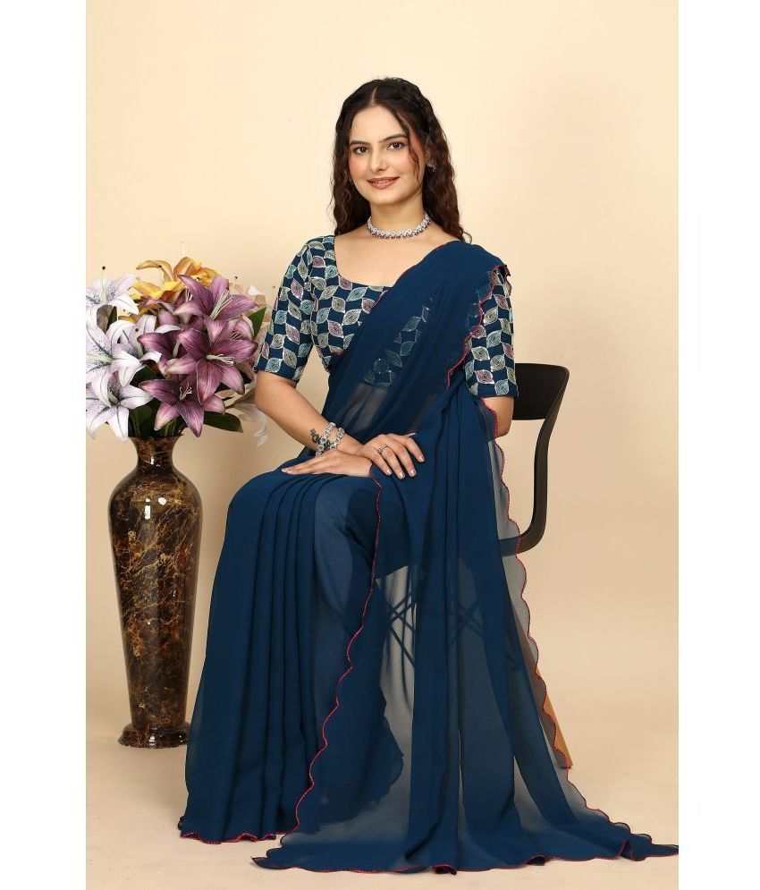     			Gullak Georgette Printed Saree With Blouse Piece ( Navy Blue , Pack of 1 )