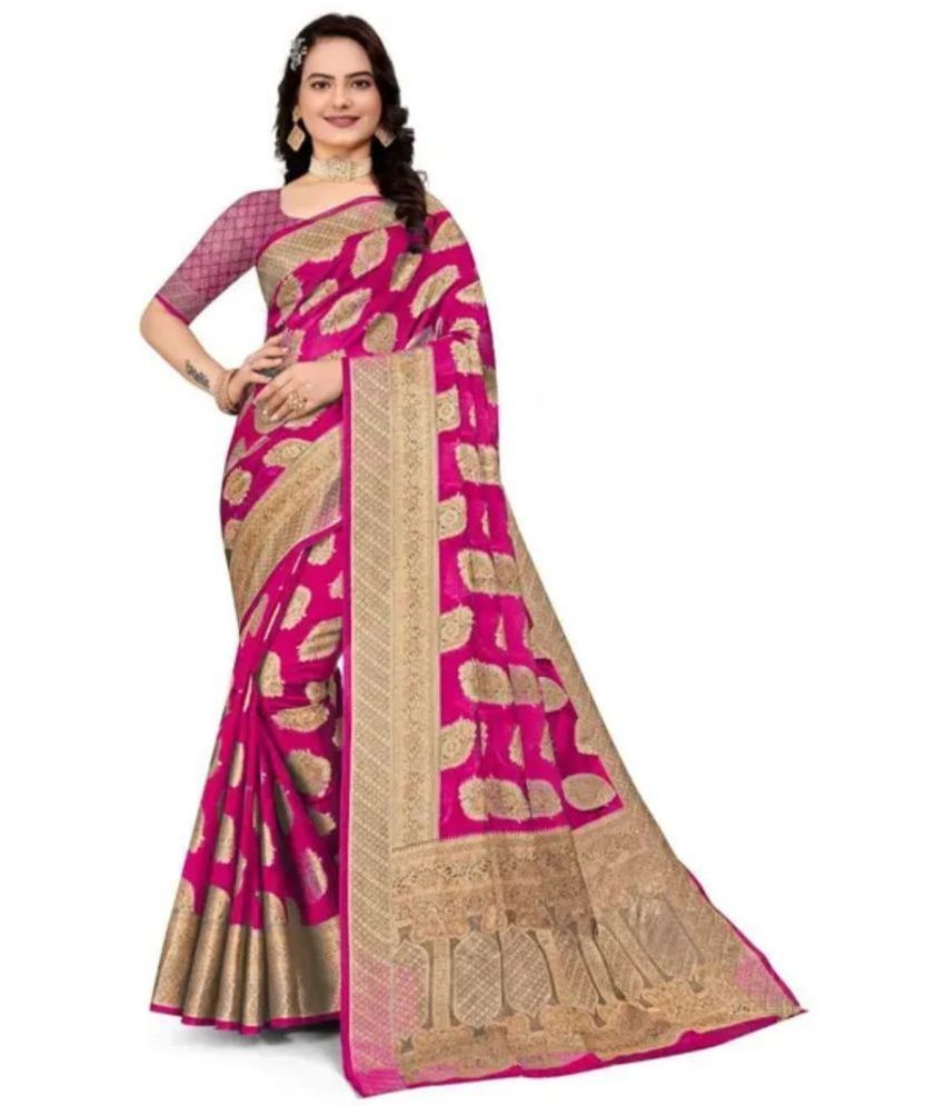     			Gullak Organza Embellished Saree With Blouse Piece ( Pink , Pack of 1 )