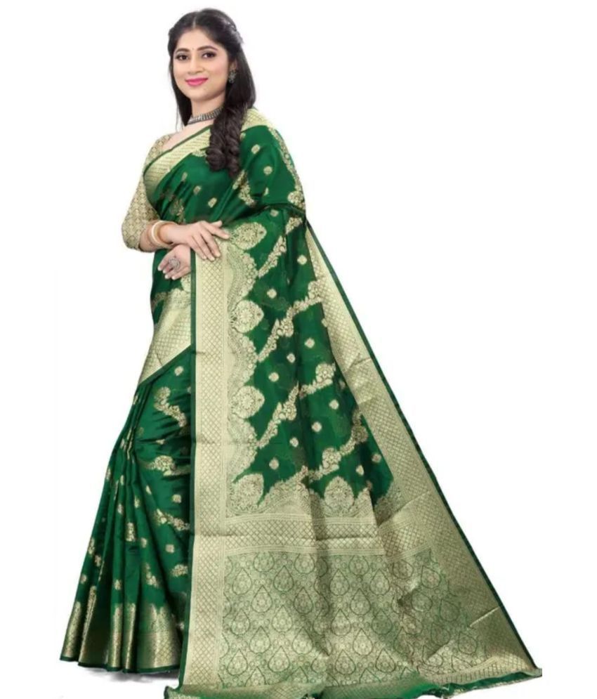     			Gullak Organza Embellished Saree With Blouse Piece ( Green , Pack of 1 )