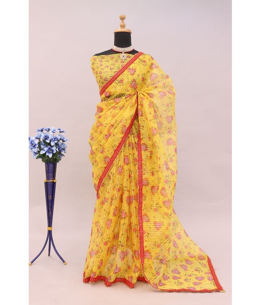     			Gullak Organza Printed Saree With Blouse Piece ( Yellow , Pack of 1 )