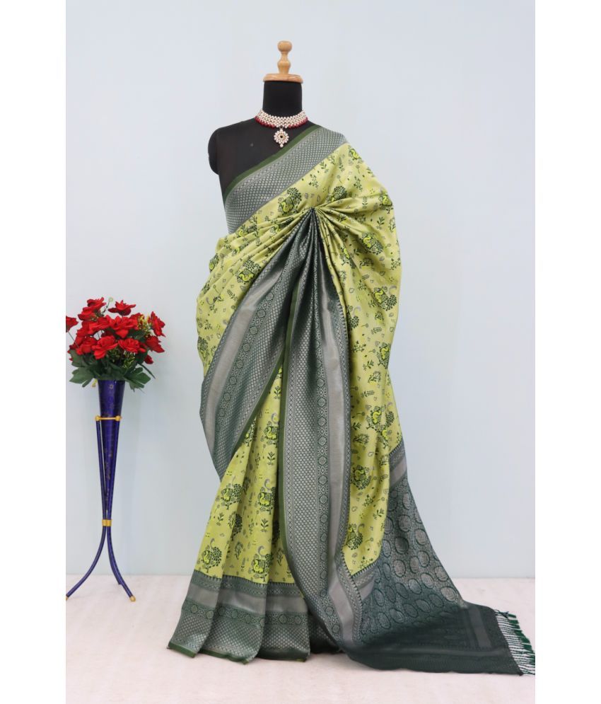     			VASTRAME Kanjivaram Silk Woven Saree With Blouse Piece ( Fluorescent Green , Pack of 1 )