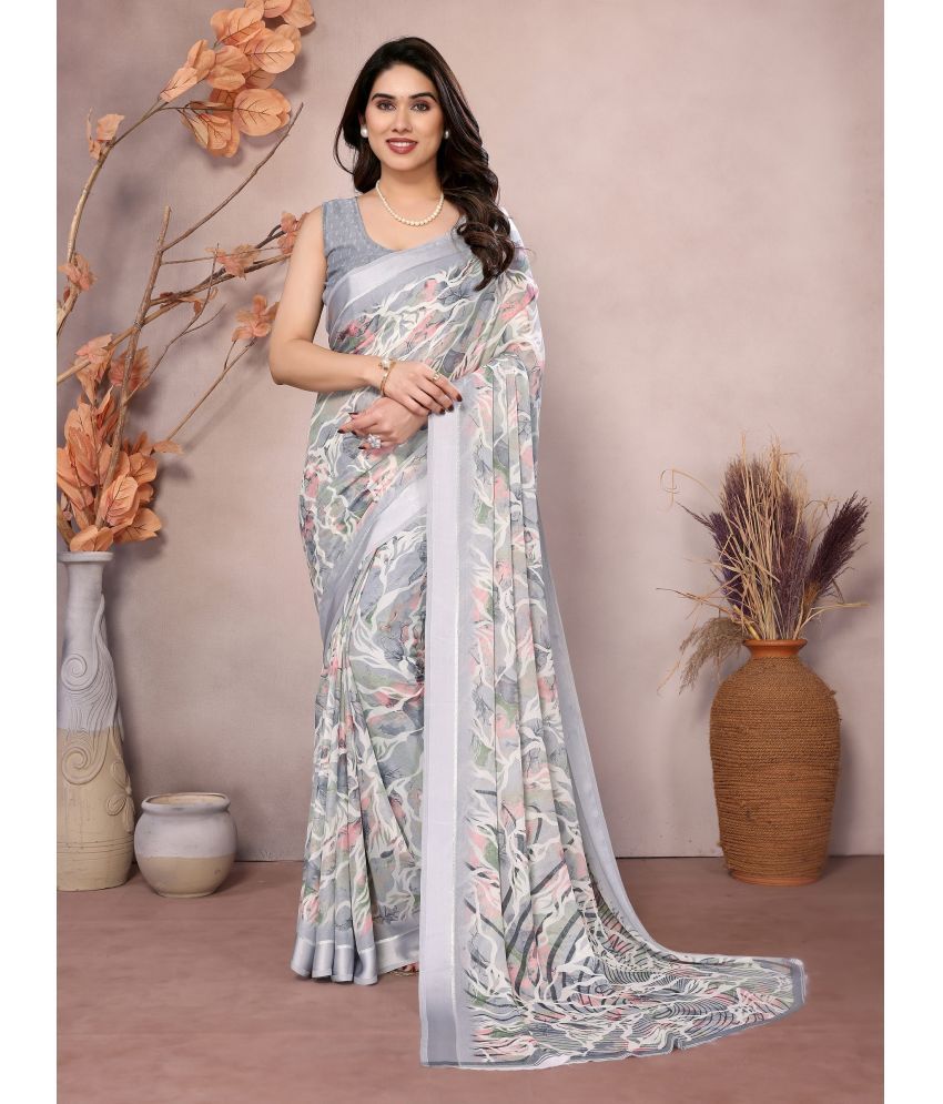     			VEDANT VASTRAM Chiffon Printed Saree With Blouse Piece ( Grey , Pack of 1 )